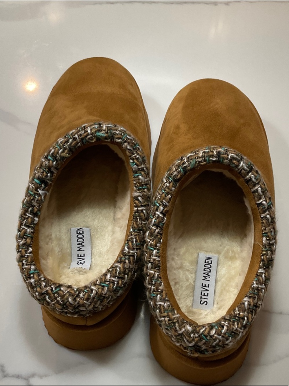 Steve Madden Camel Suede Slip-On Clogs with Tweed Trim.size 9.5